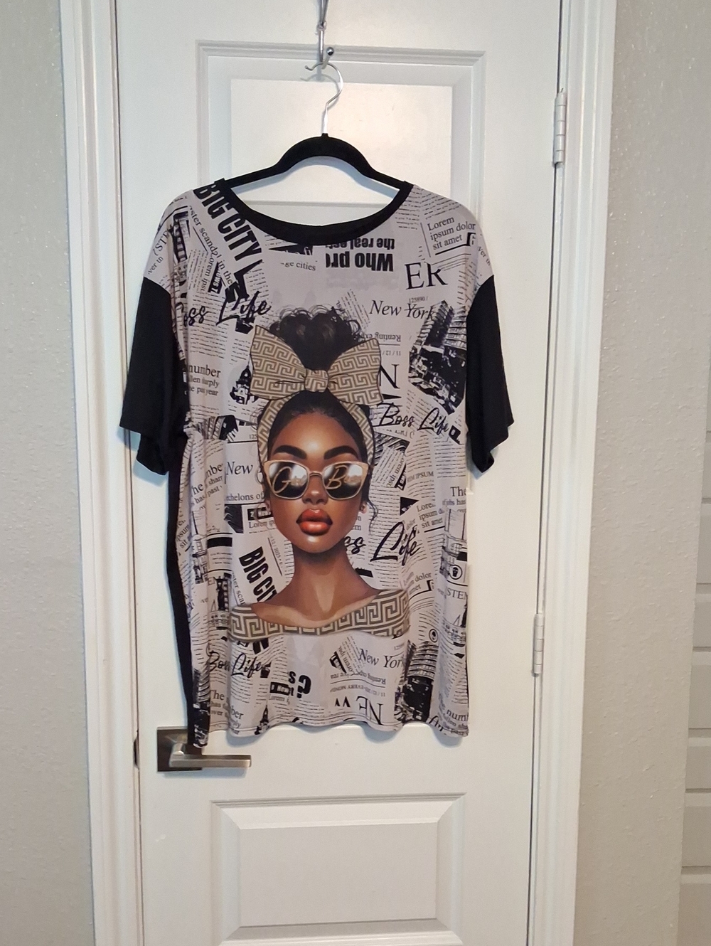 Graphic Newspaper Print Tee with Sunglassed Woman